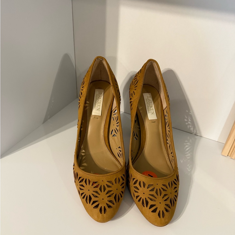 Ralph Lauren Tan Suede Heels with Intricate Cutouts